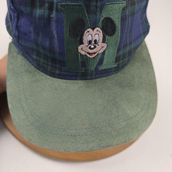 Vintage Mickey Mouse Hat Cap Snap Back Green Blue Plaid Suede Brim Mens 90s - Picture 7 of 11